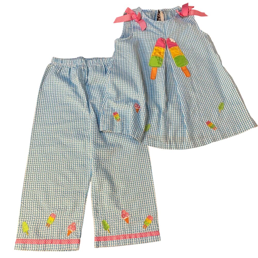 Rare Editions blue‎ gingham ice cream embroidered tank shirt pant set SIZE 6